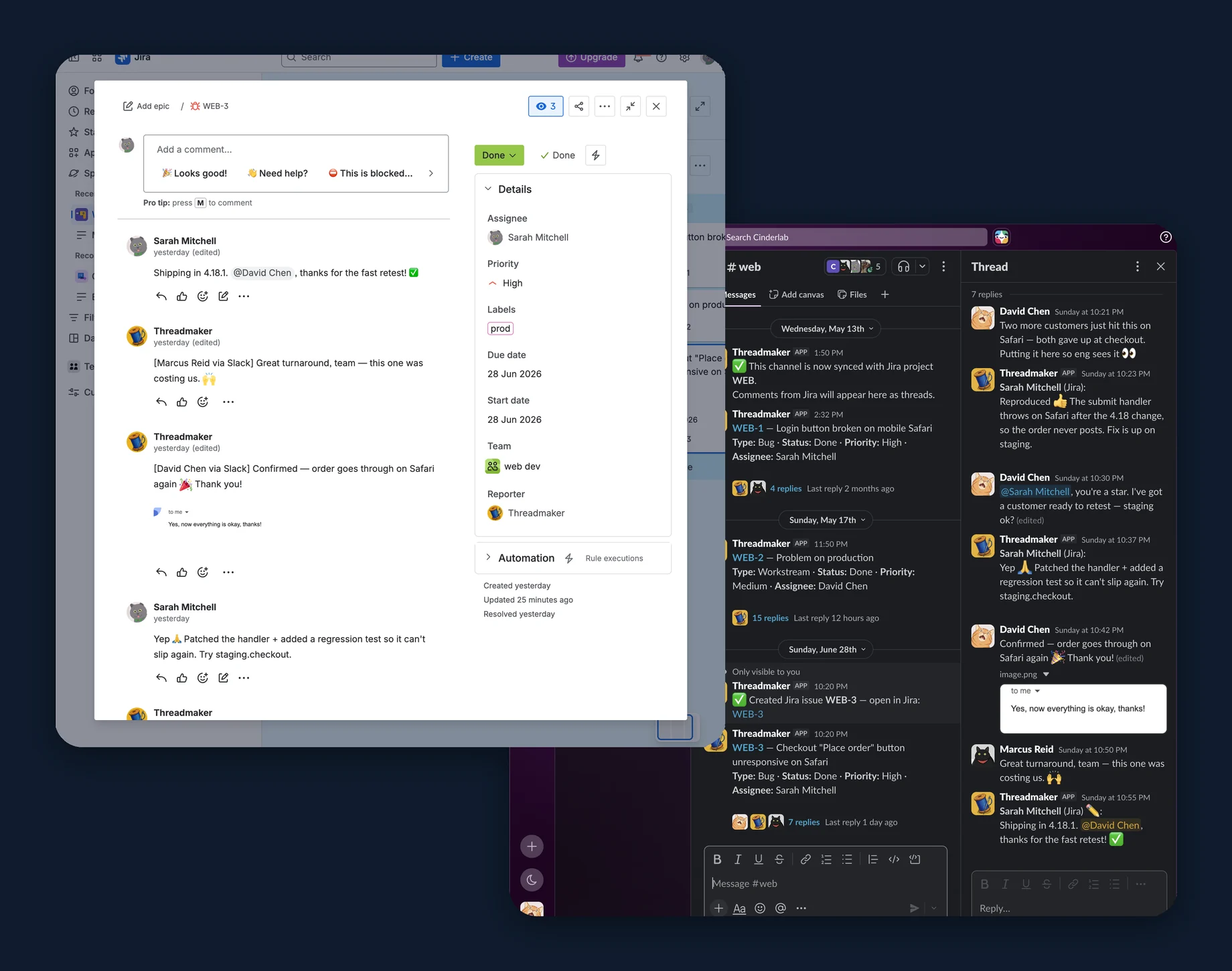 A Jira ticket and its synced Slack channel and thread — the same conversation on both, kept in sync automatically.