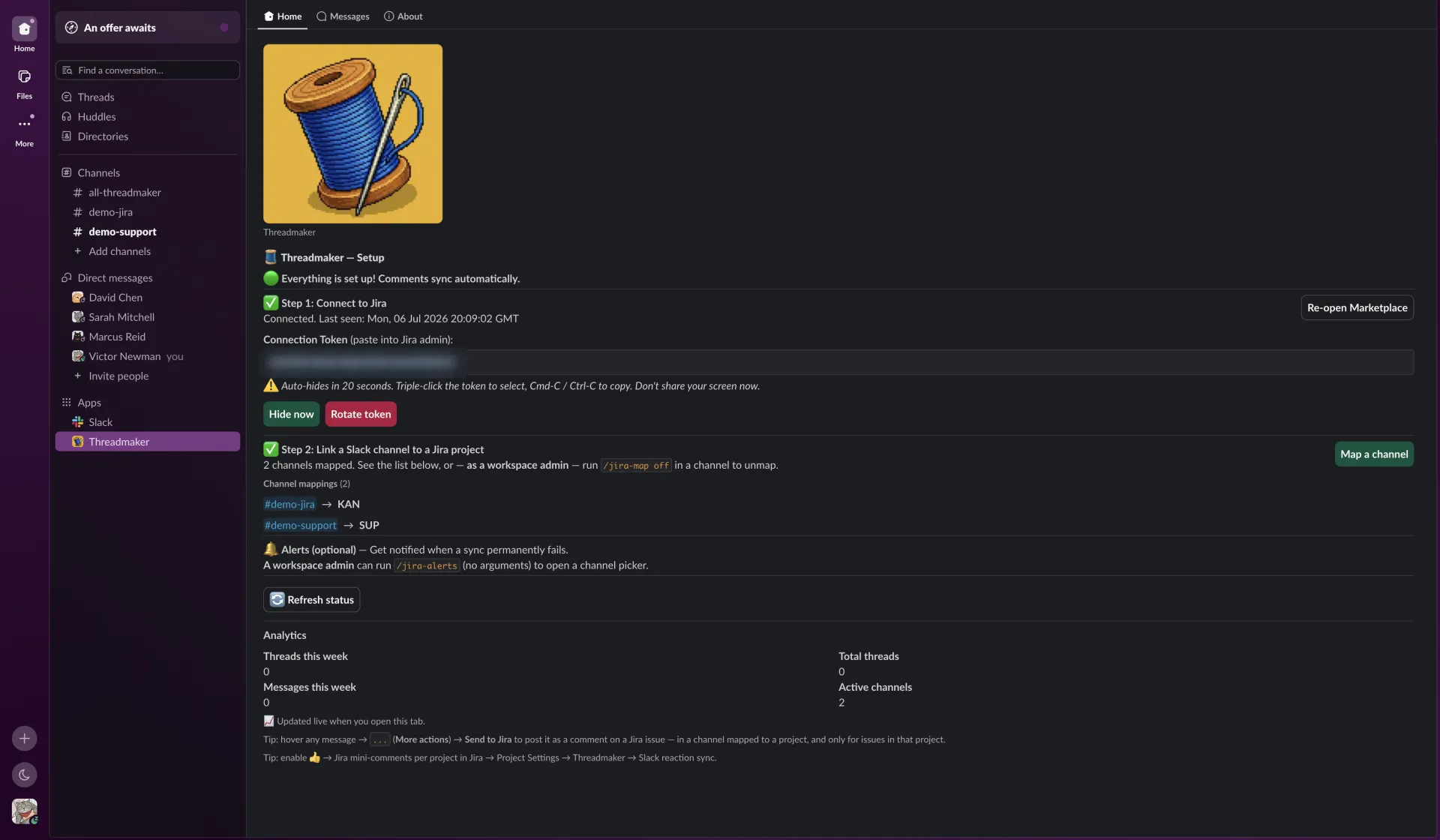 The Threadmaker Home tab fully set up — both steps done and two channels mapped