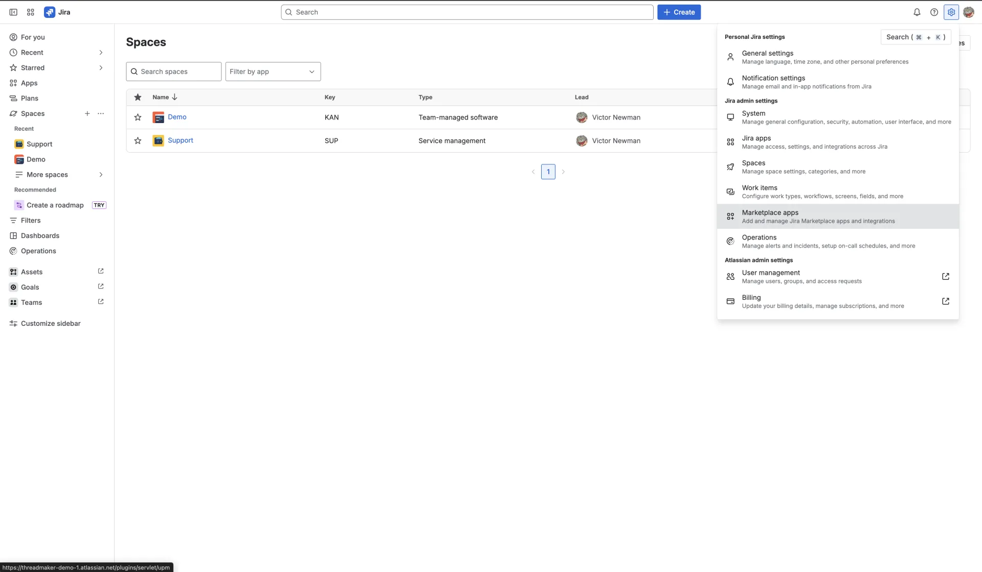 Jira settings menu with Marketplace apps highlighted