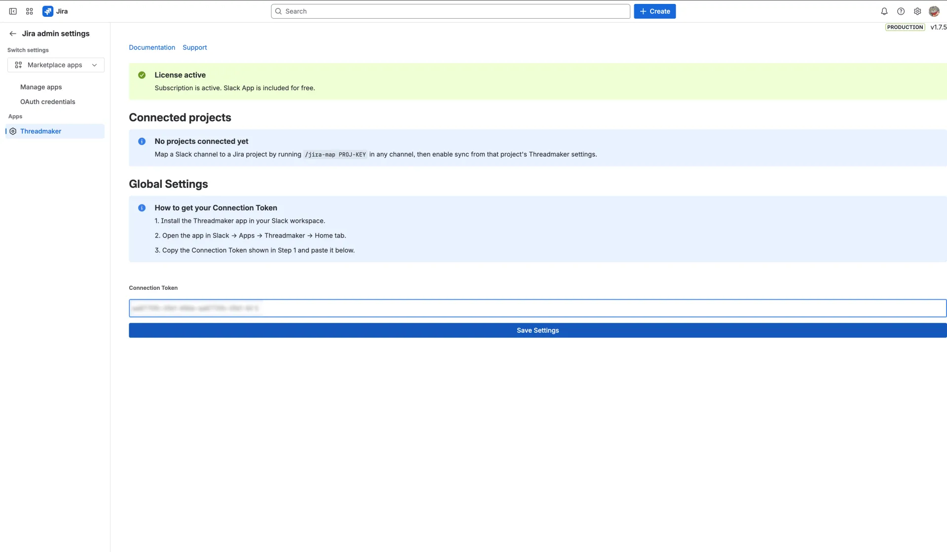 Jira admin Threadmaker Global Settings: connection token saved, showing No projects connected yet