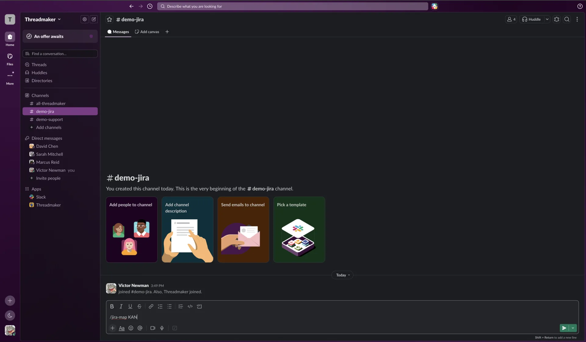Running /jira-map in Slack to pair a channel with a Jira project