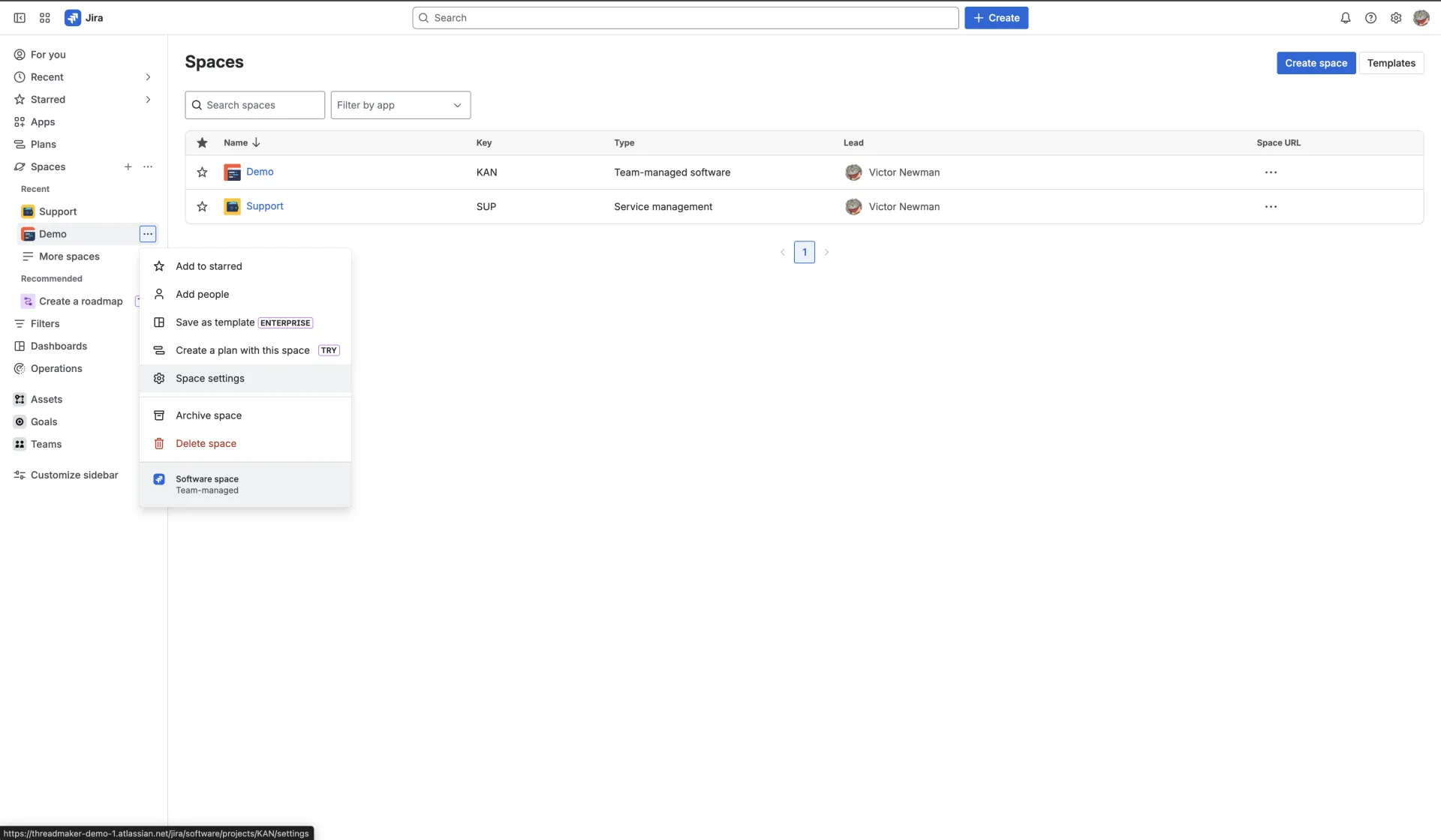 Opening Project Settings for a Jira project