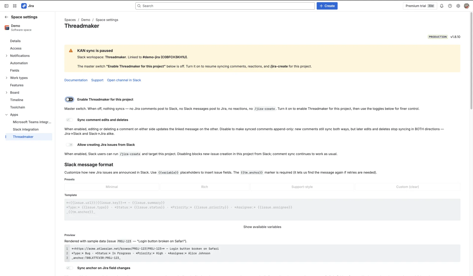The Threadmaker project settings page with the master switch off — sync is paused until a Jira admin enables it