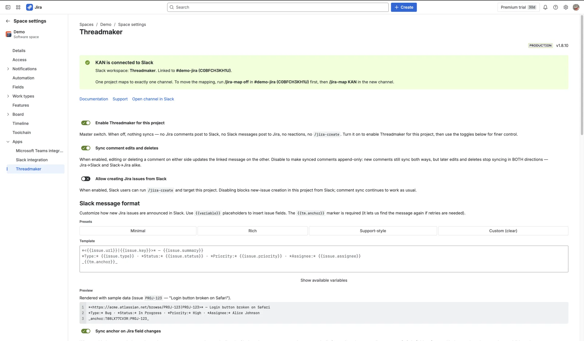 The same page with the master switch on — the project is now connected and syncing